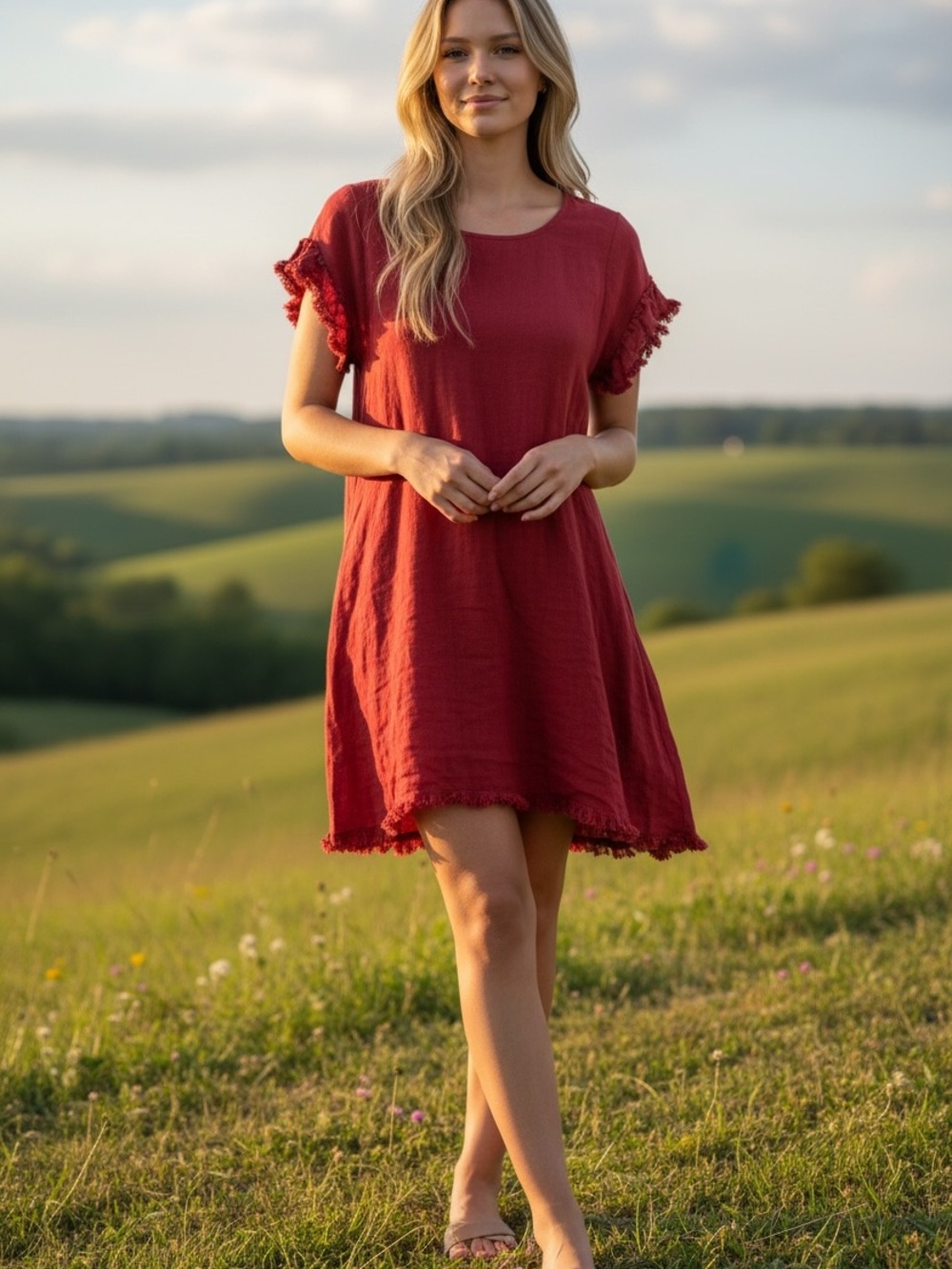 Umgee Crimson Red Short Sleeve Frayed-Hem Mini Dress